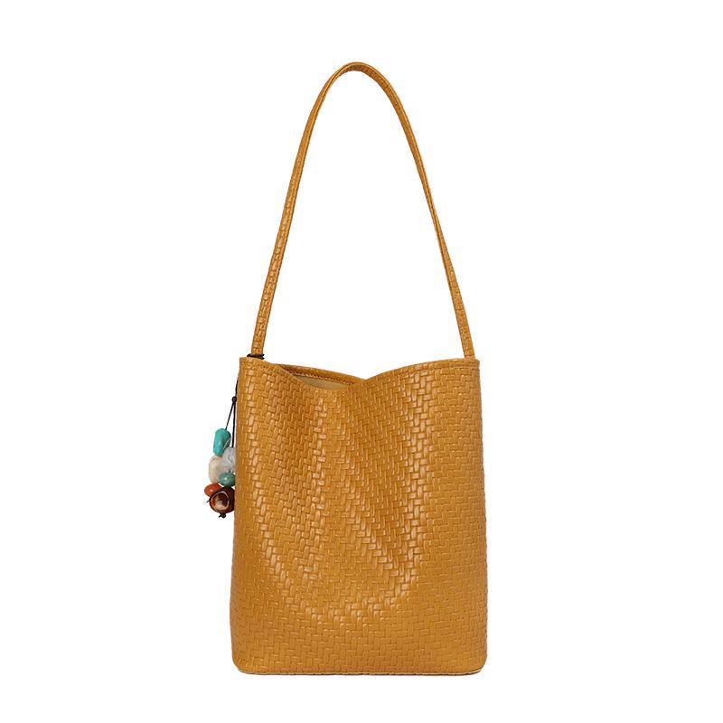 2026 Summer Korean Minimalist Woven Texture Bucket Bag - Large Capacity, Solid Color, Single Shoulder & Handheld