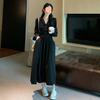French temperament black long-sleeved suit V-neck dress women's clothing spring and autumn lazy wind lace-up waist A-word long dress