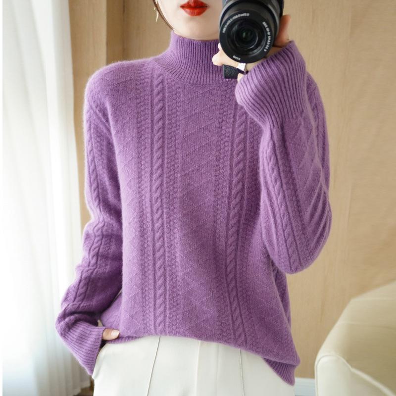 High Neck Vertical Stripe Jacquard Wool Sweater - Fashionable Cable Knit Cashmere Knitwear