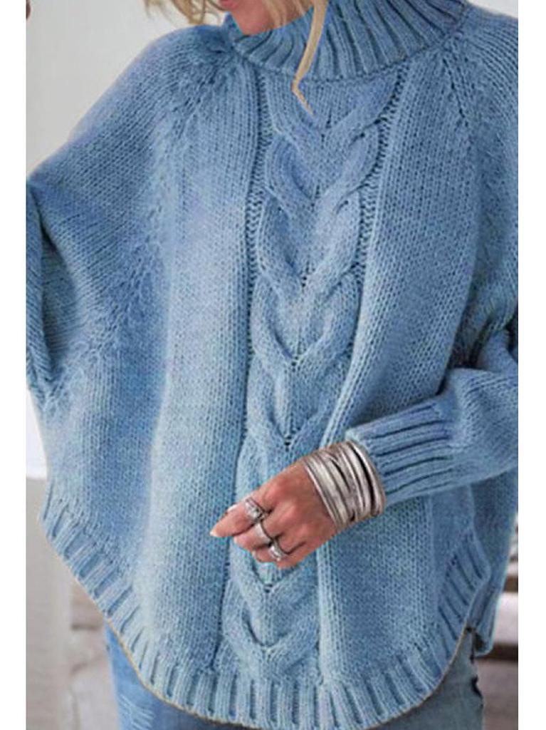 2026 Autumn/Winter Women's Loose Batwing Sleeve Half-High Collar Cable Knit Sweater