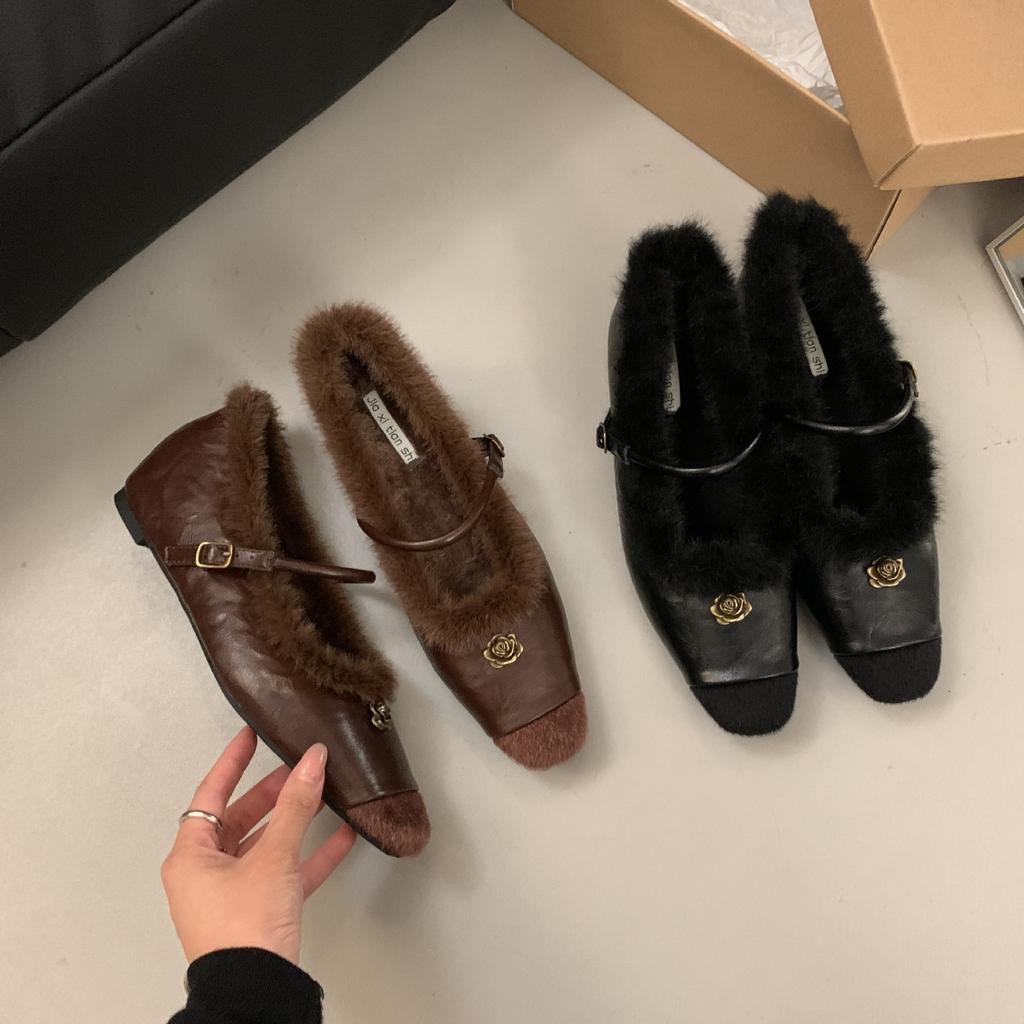 French low-heeled plush shoes Mary Jane single shoes women's shoes 2025 new autumn and winter warm cotton shoes evening