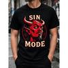Men's Sin Mode Devil Graphic Tee, Short Sleeve Crew Neck Cotton T-Shirt With Vintage Red Demon Print For Streetwear And Casual Wear