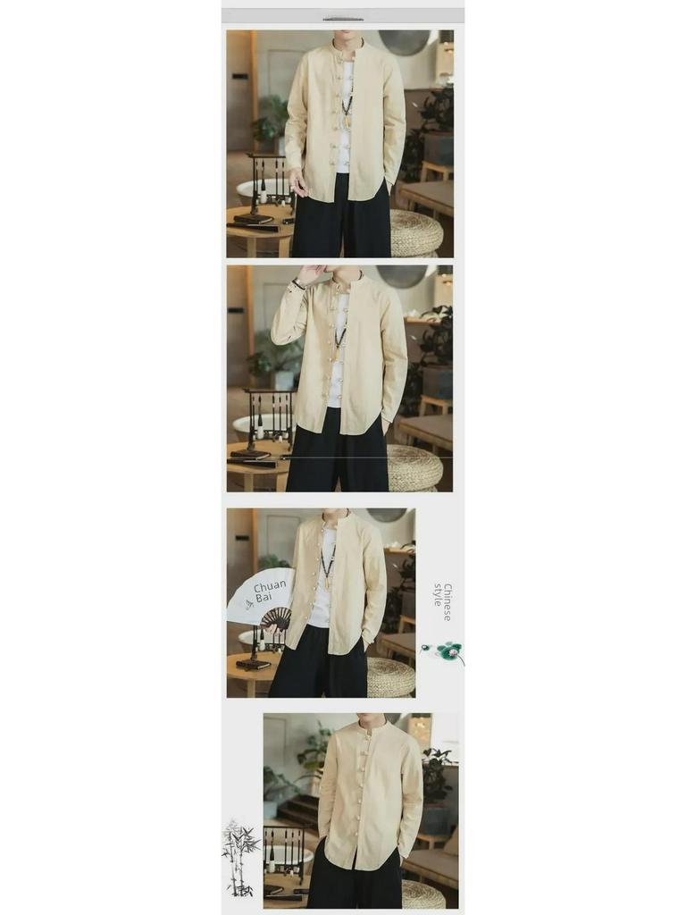 Men’s Chinese Style Long-Sleeve Linen Tang Suit Shirt and Jacket
