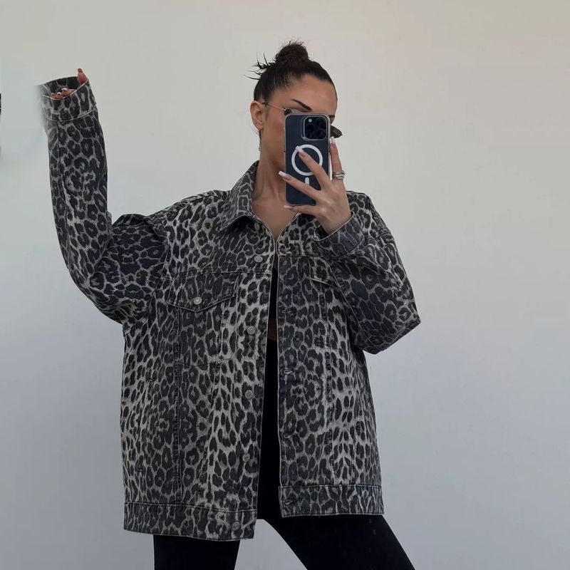 

American Idle Style Retro Leopard Print Niche Lapel Denim jacket Fashion Loose All-Match Casual Cardigan Outerwear Women Gray M