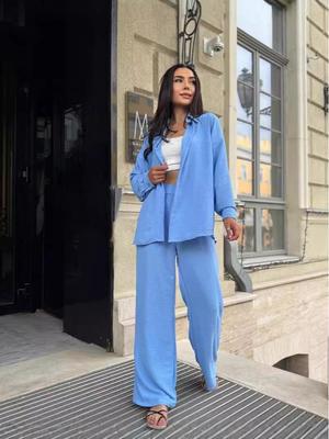 European and American Style 2024 Autumn Solid Color Two-Piece Set: Lapel Shirt & Casual Pants