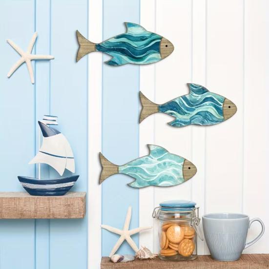 3 Pcs Wooden Fish Wall Decor Nautical Coastal Theme Wall Art Vintage Beach Blue Fish Wall Sculpture for Lake House Bathroom Bedroom Decor