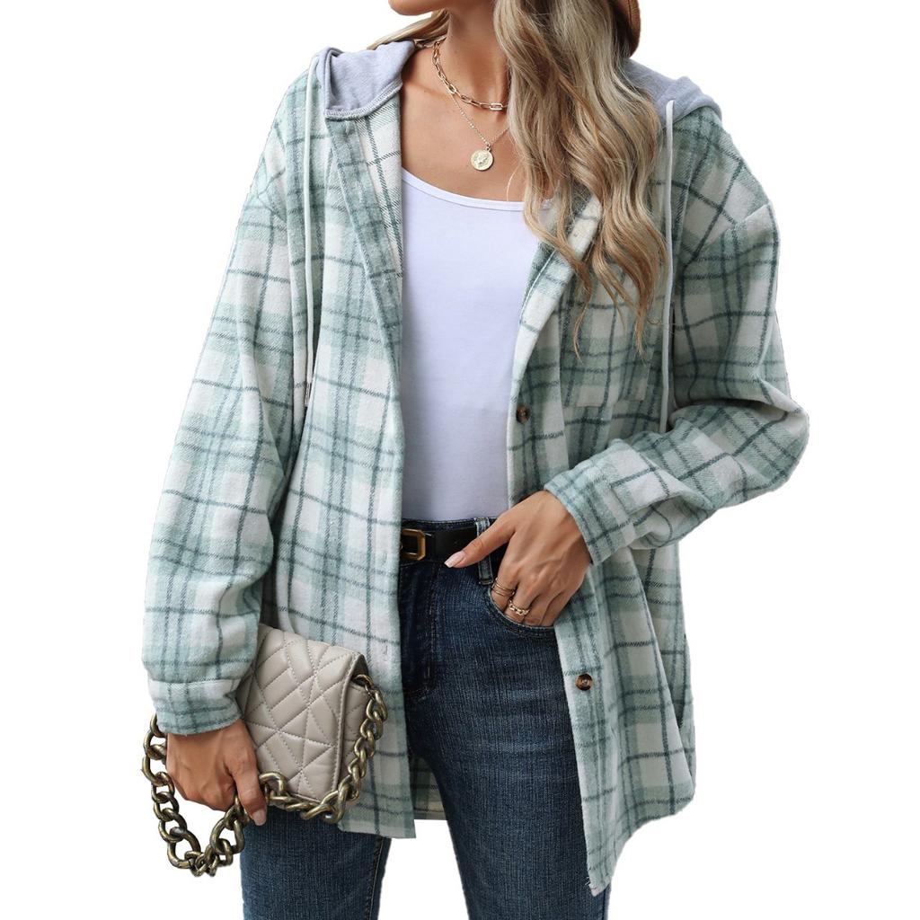 Fall Winter Women's Plaid Color Block Hooded Long Sleeve Loose Wool Coat