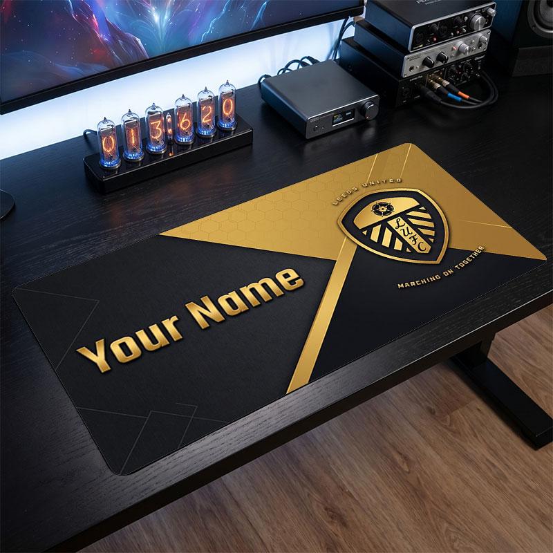 Leeds United Custom Large Mouse Pad, Personalized Name Text Print, Football Logo Non‑Slip Desk Mat Gaming Gift