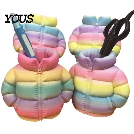 Creative Desktop Decoration Rainbow Down Coat Pen Holder, 3D Printed Puffer Jacket Colorful Gradient Stand Desk Organizer, Storage for Stationery And