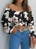 Autumn Women Off Shoulder Crop Top Crossed Back Print Blouse Ruched Lantern Sleeve Casual Lady Outfits Femme