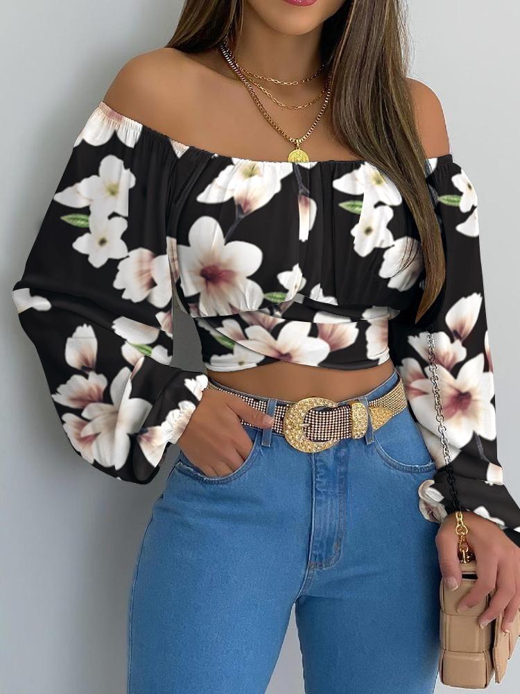 Autumn Women Off Shoulder Crop Top Crossed Back Print Blouse Ruched Lantern Sleeve Casual Lady Outfits Femme