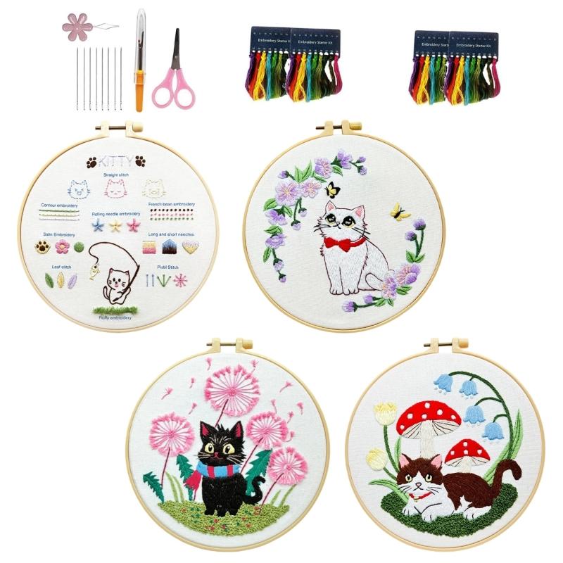 

Complete Embroidery Set with Cats Designs and Tool on Sturdy Canvas Ideal for Crafting Fun