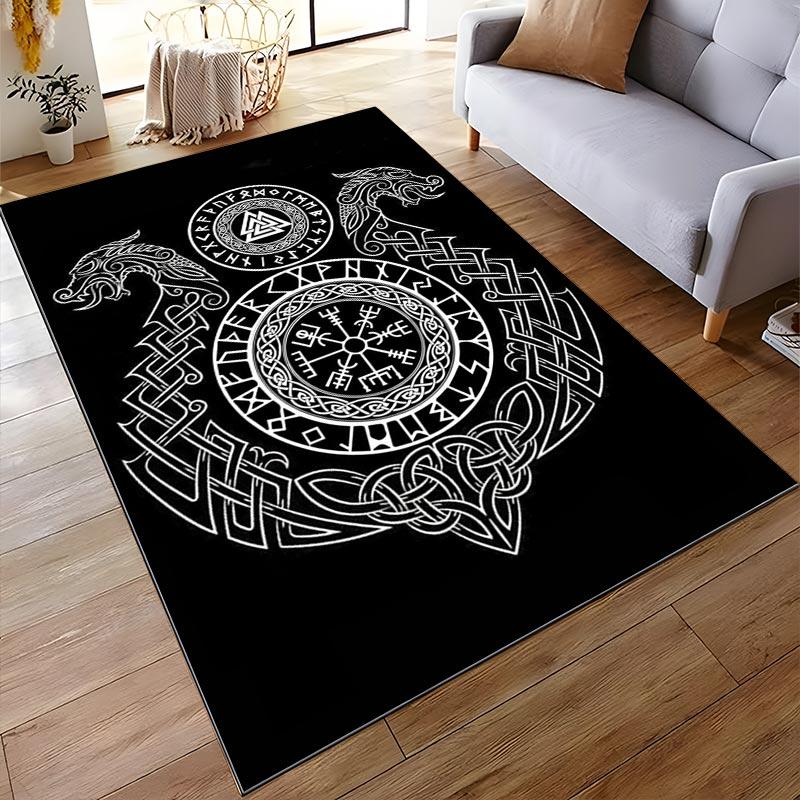 "Nordic Viking Black Carpet with Runes, Dragon Symbols, and Knotwork" Suitable for Use As an Anti-slip for Living Room Bedroom Sofas