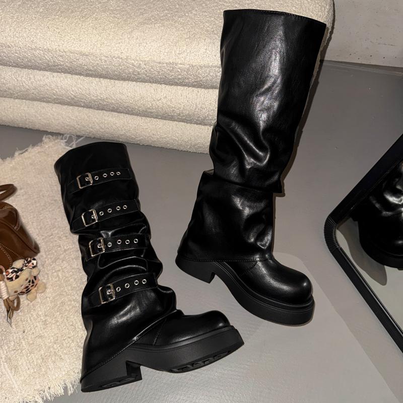 Winter Punk Style Belt Buckle Women Pipe High Boots Fashion Platform Heels Shoes Female Concise Height Increase Long Booties