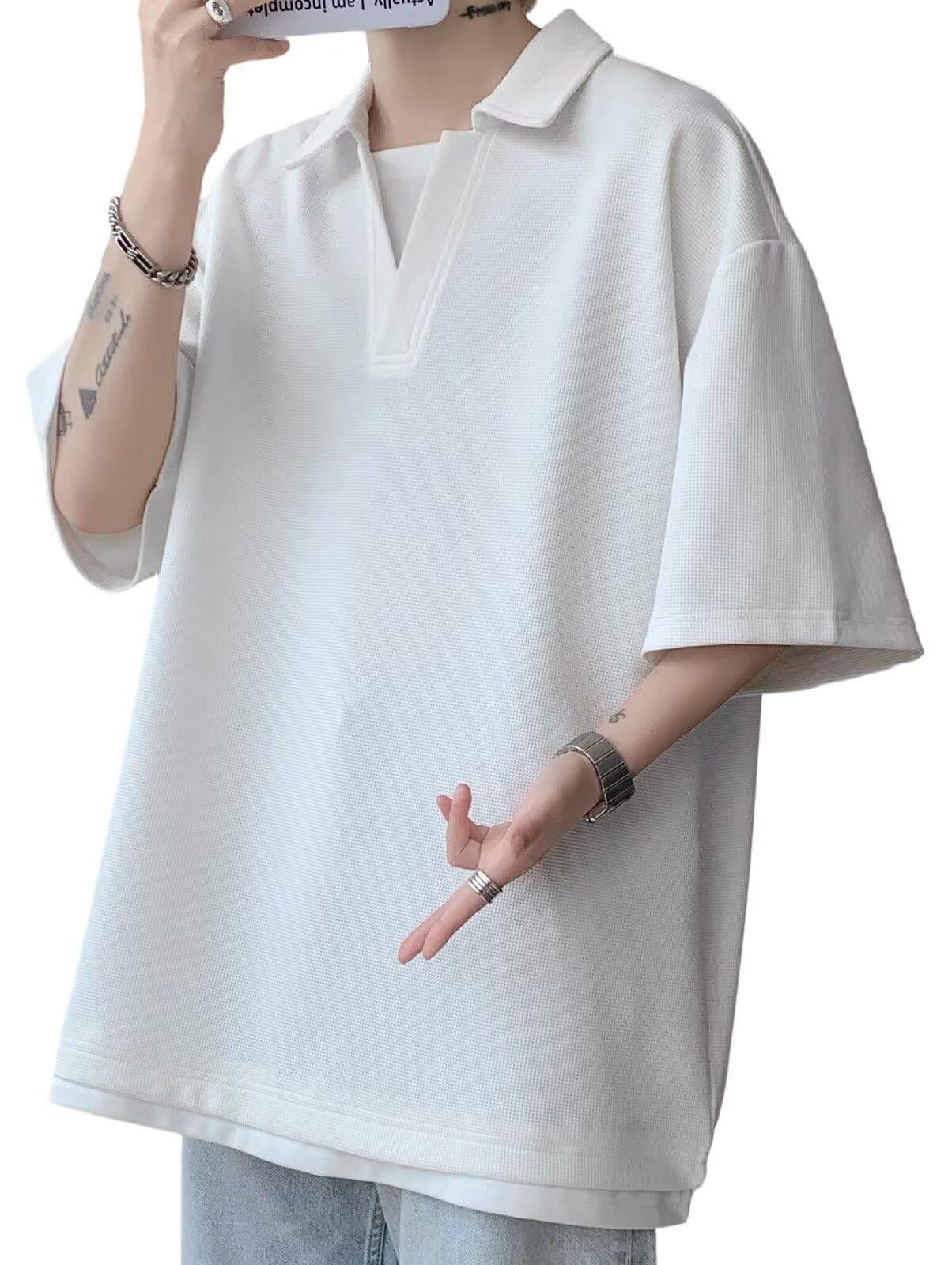 

короткий летний большой прохладный к многослойной большой модной капле [Bligo] футболка, толстый, вафельный, рукав, одежда, мужской, повседневный, свободный, удобный, мягкий, размер,