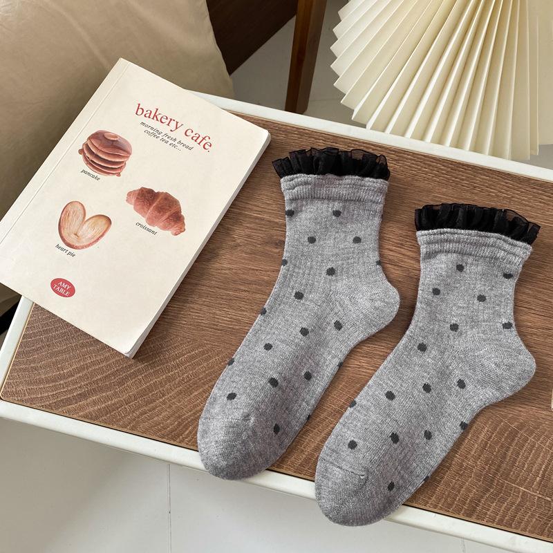 24 Autumn And Winter Mesh Lace Socks Children'S Japanese Retro Polka Dot Fashion Medium Tube Women'S Socks Short Women'S Socks