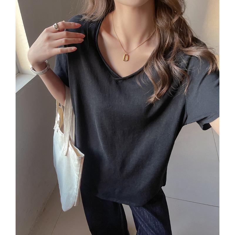 Korean Slack Snowflake Texture Curled V-neck Short-sleeved T-shirt Women's Summer New Lazy Wind Versatile Thin Top