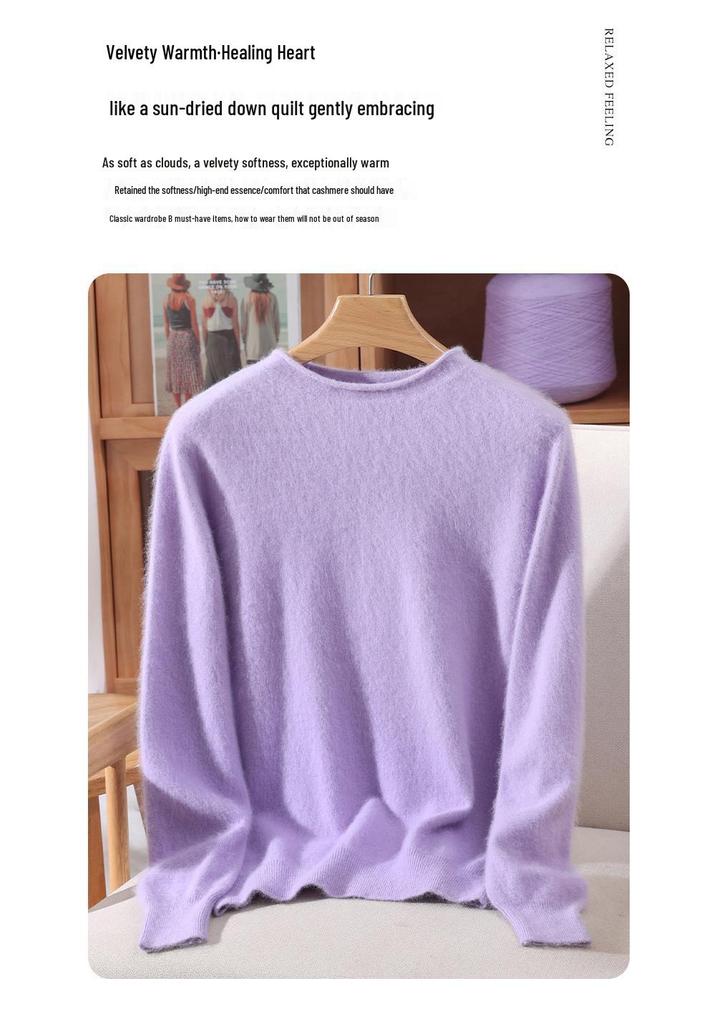 Women's Mink Cashmere Short Sweater with Half-High Collar and Rabbit Fur Knit, Slimming Fit