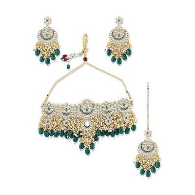 Green Meenakari Bridal Choker Necklace Earring & Maangtikka Set For Women