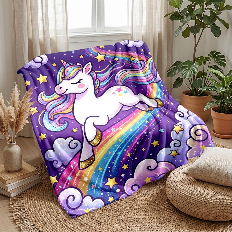Colorful Unicorn and Rainbow Blanket Personalized Name Flannel Blanket Soft Cozy Plush Throw for Sofa Bed Lightweight Home Decor
