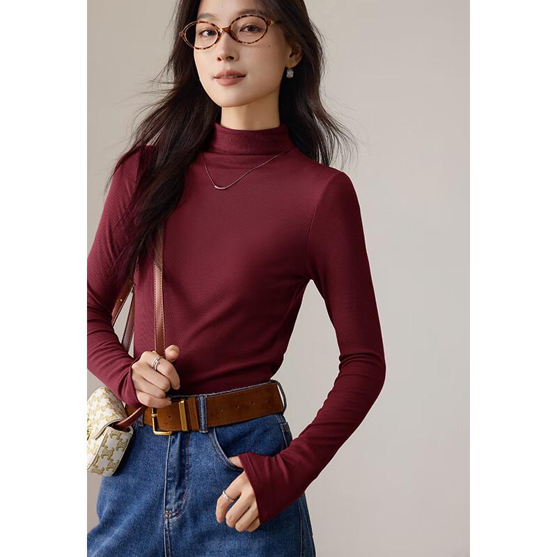 VICTORIA&VERA Women's Silk-Blend Semi-High Collar Long-Sleeve Base Layer