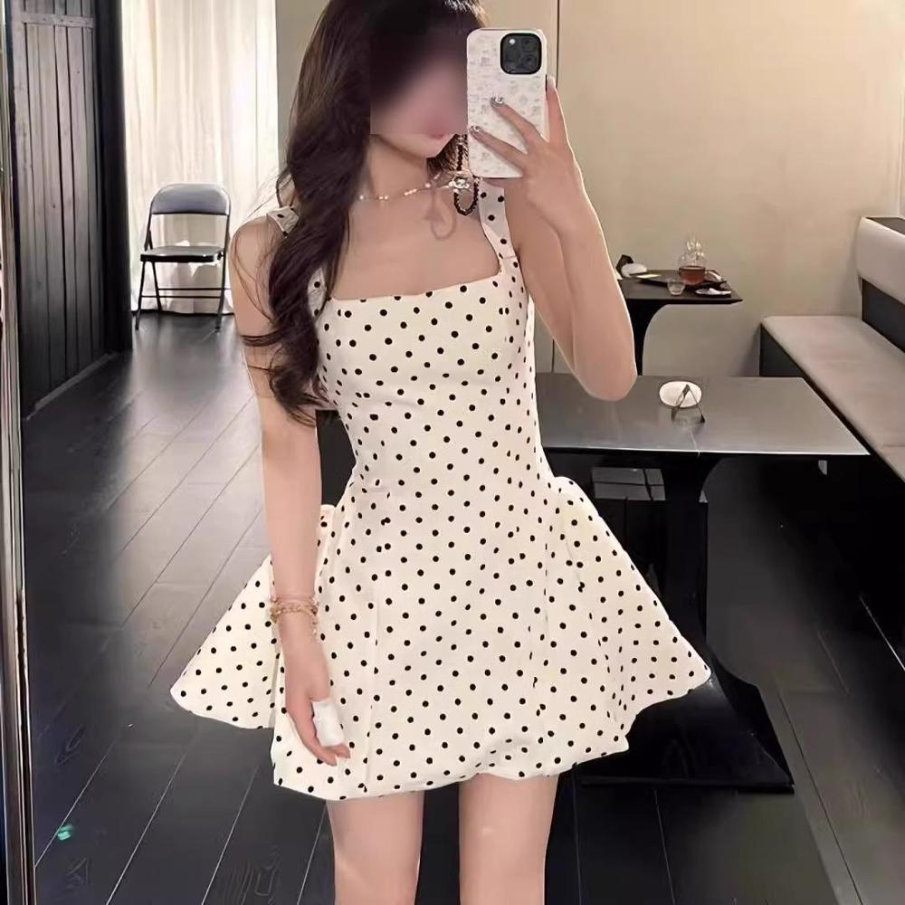 Apricot square neck suspender dress, women's spring innocence, waist short skirt, casual women's polka dot print women