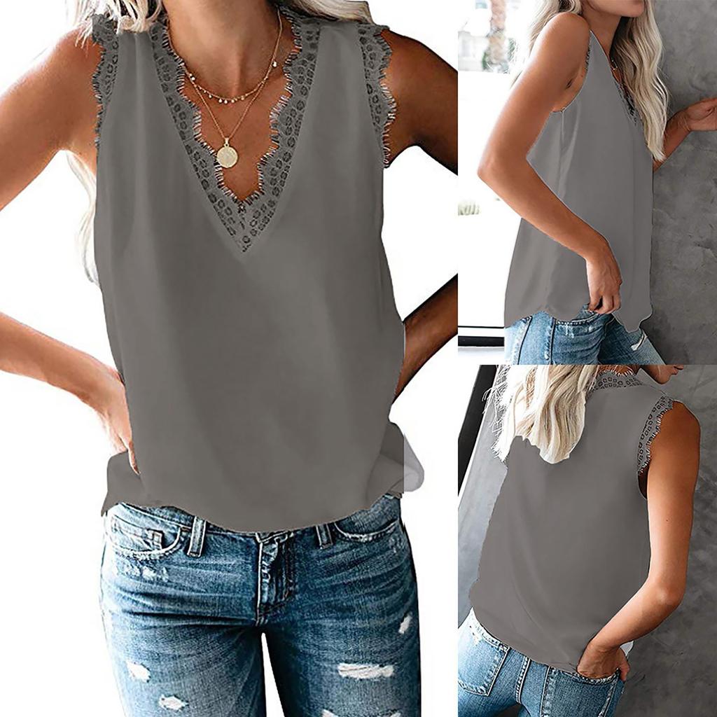 Ärmelloses Damen-Tanktop mit Spitzensaum und V-Ausschnitt, leicht, einfarbig, lässige Sommerbluse für den täglichen Gebrauch