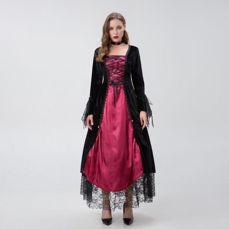 Halloween Vampire Costume Medieval Court Party Queen Vintage Lace Dress