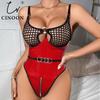Sexy Women’s Shapewear Bodysuit Patchwork Shiny Leather Look Fabric Lingerie Stylish Mesh Cutout Design Bodysuit