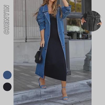 Noua cască de vânt din denim de toamnă/iarnă pentru femei europene și americane: Culoare uni, buzunar dublu, cu nasturi lungi, haină cu potrivire lejeră