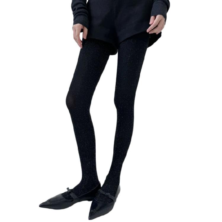 Women Vintage Shimmering Ribbed Striped Opaque Pantyhose 90s Winter Fall Basic Bottoming Tights Stockings Leggings