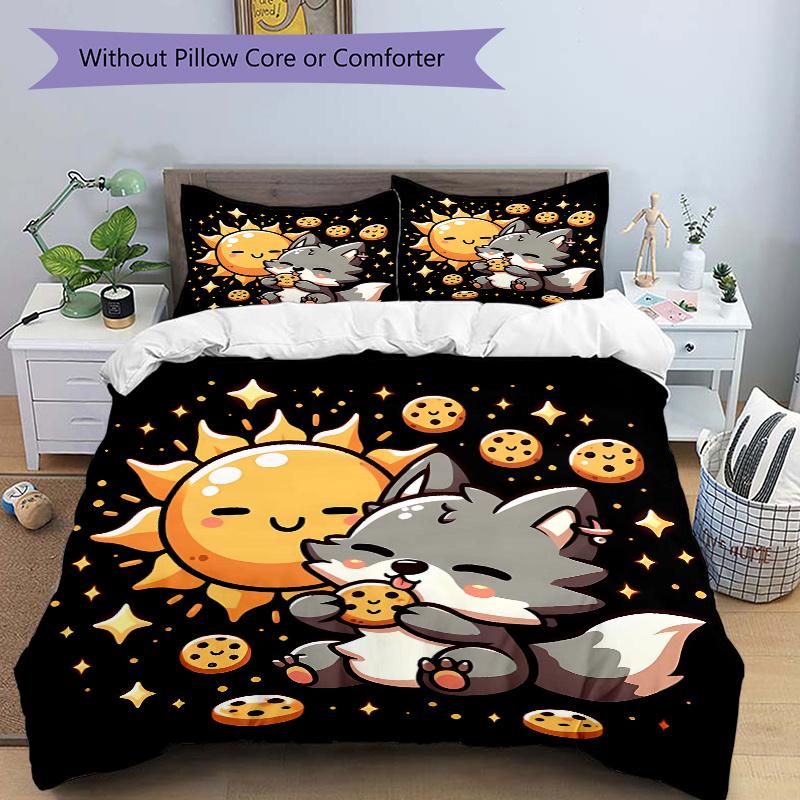 

3pcs The Sun and the Little Wolf Quilt Set Soft and Comfortable Bedroom, and Dorm Decor Bedding Set 1 Quilt Cover + 2 Pillowcases.L107 135x200cm