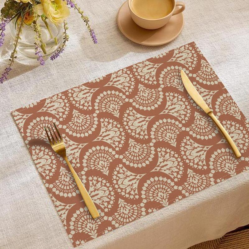 6PCS Set Luxury Table Mats Dining Table Elegant Leaf Fan Stripe Red Wave Polka Dot Pattern Placemats Golden Utensils Home Decor