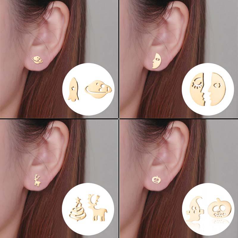 Halloween Geist Kürbis & Weihnachtsbaum Edelstahl Ohrstecker - Asymmetrischer Tierschmuck