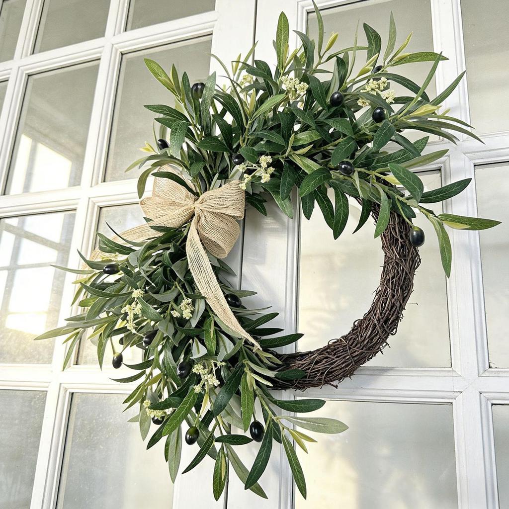 Summer Wreath Olive Leaves UV Resistant Bow Artificial Door Wreath Spring Decor Rustic Realistic Olive Leaves Indoor Outdoor