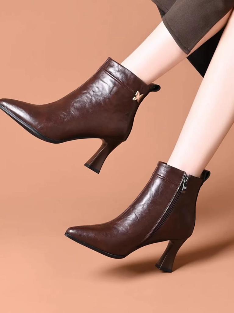 High-heeled Pointed Boots Women's Soft Leather French Stiletto Boots Versatile Medium Boots Autumn and Winter High-heeled Fashion Boots Women