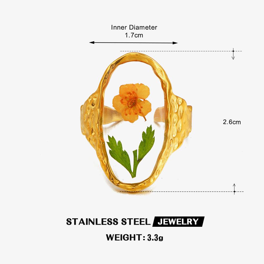 

Dried Flower Resin Statement Ring Stainless Steel 18K Gold Plated Adjustable Rings Unique Geometric Frame Band for Women