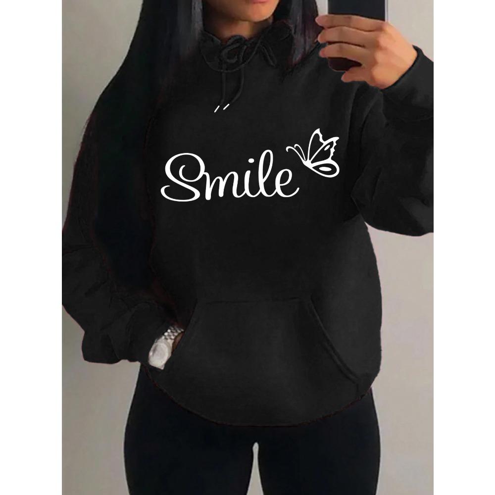 Smile Font Language Butterfly Pattern Hoody For Women Sport Pocket Clothing Cute Multicolor Streetwear Fashion Hoodies