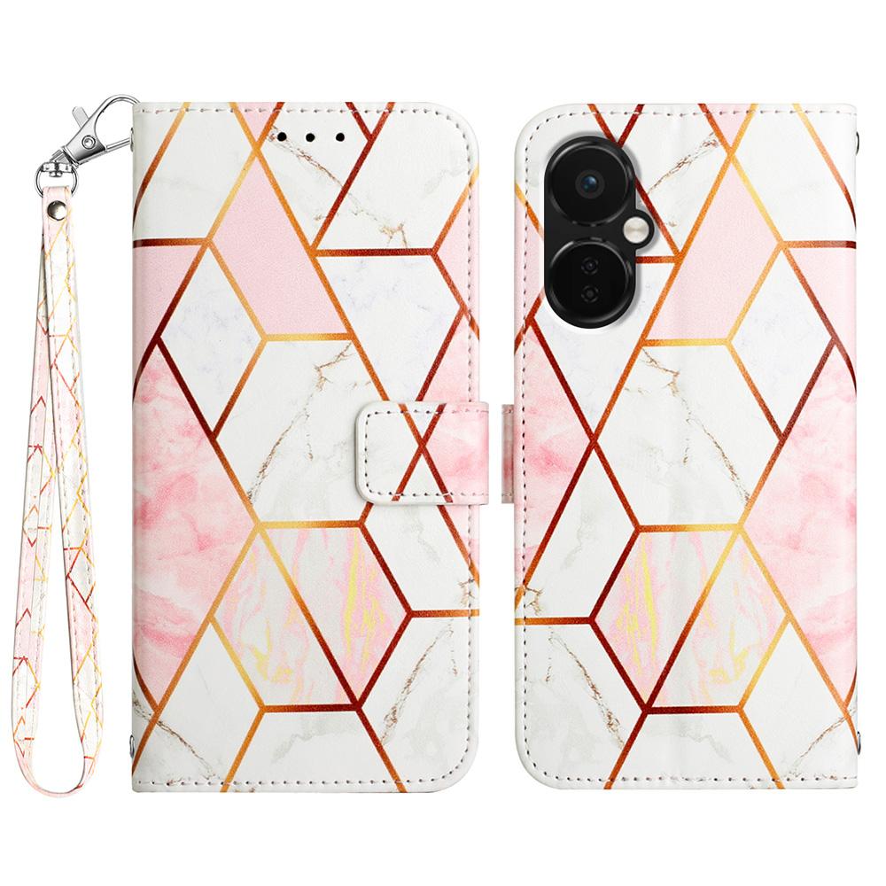 

For OnePlus Nord CE 3 Lite 5G/Nord N30 5G Case with Strap Marble Pattern Leather Phone Cover Card Holder Pink/White 002