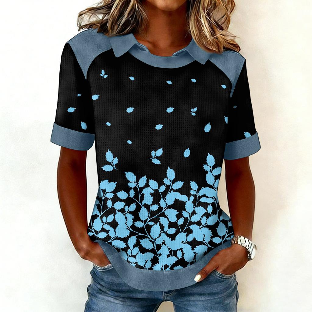 Women's Fashion Collar Cowboy Splicing Sweatshirt Casual Printed Hoodie Short Sleeve Shirt Top