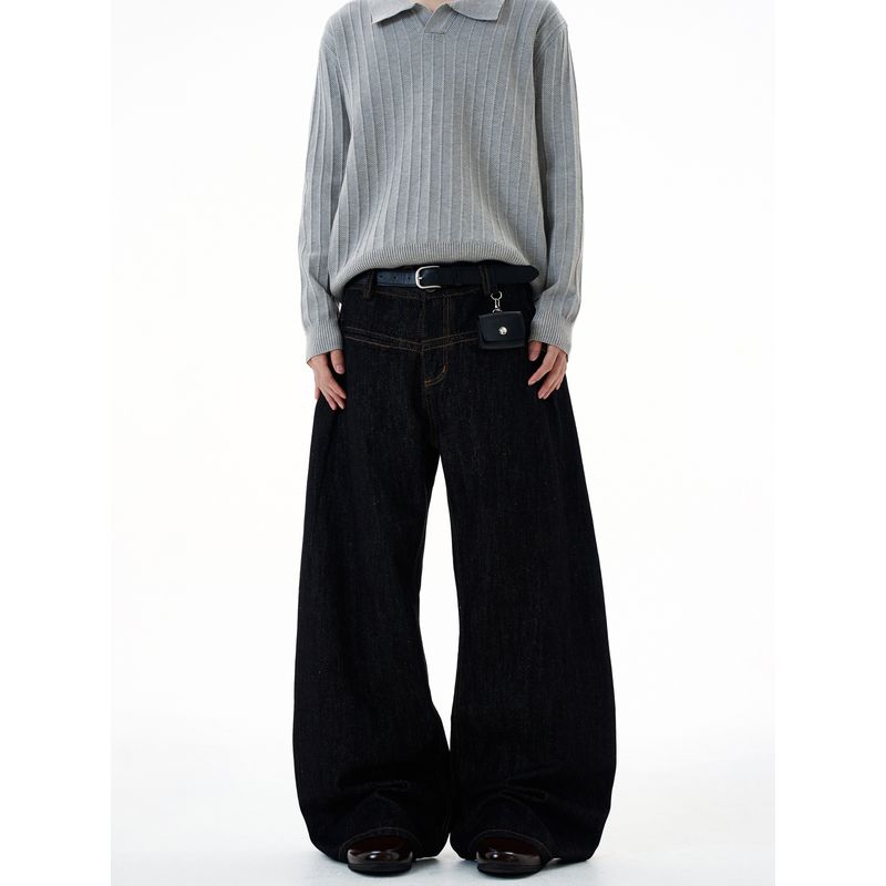 Kisko American Retro Denim Black Wide-Leg Washed Jeans Unisex Trendy Loose Versatile Scimitar Pants