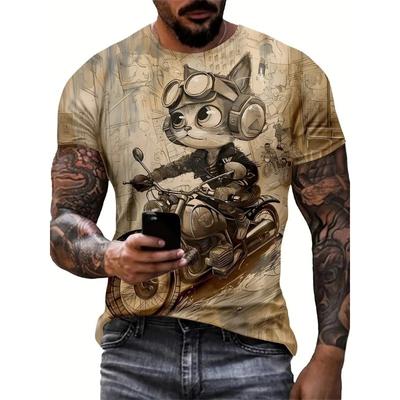 Summer Round Neck Vintage Cartoon Animal Pattern 3D Print Top Fashionable Casual Short Sleeved Men's T-shirts