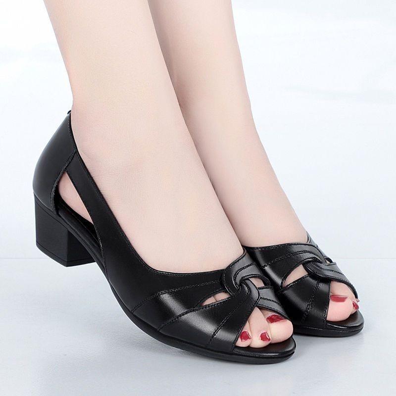 

Xia Yuzui Sandals Women s Leather Coarse Heel Medium Heel Casual Versatile Open Toe One Pedal Fish Mouth Design 35 чёрный