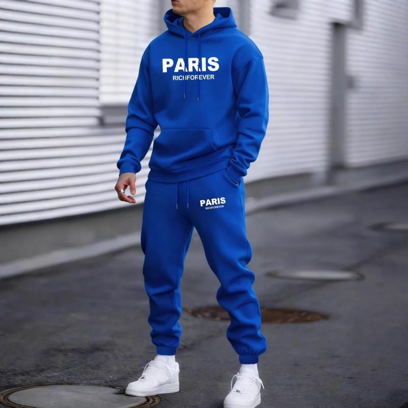 Mens Casual Hoodie Jogger Set With Letter Print Warm Fleece-Lined 2-Piece Outfit