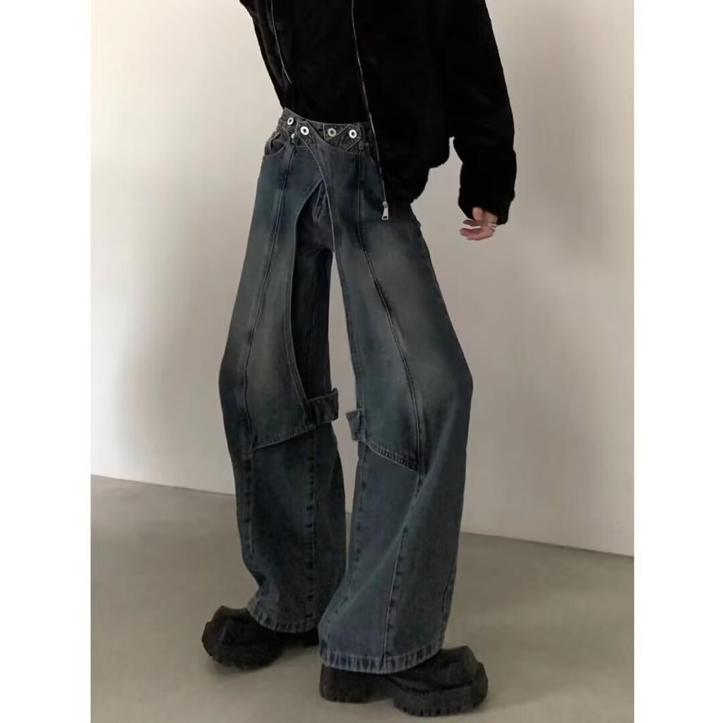 JYL Men's Flare Jeans Vintage Washed Structured Metal Zip Design Denim Pants