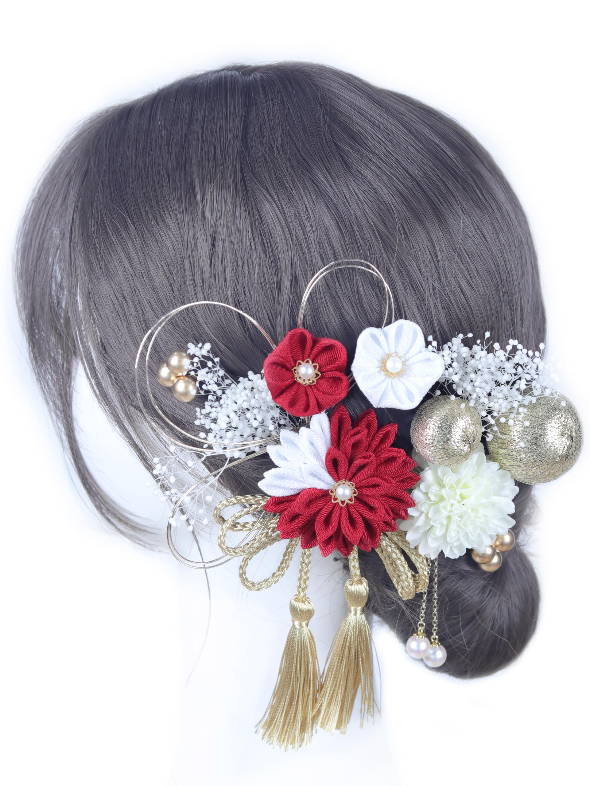 

Hair Ball Ping Pong Dangling Pearl Mizuhiki Graduation Japanese Red Hair Head Shiromuku [NANA Handmade] Ornament, Tsumami-zaiku Tassel, Decoration,