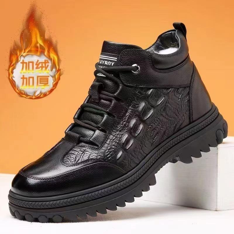 Cotton leather shoes men's winter thickened fluff cotton leather shoes men's business high-top men's shoes non-slip soft-soled lace-up leather boots