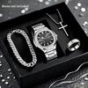 LP62 New 4pcs Alloy Square Men Quartz Movement Watch Waterproof Business Watch Cross Necklace Bracelet Ring Set Selected Gift