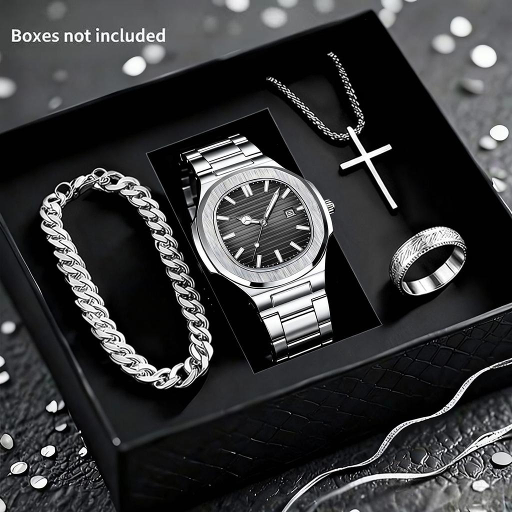 LP62 New 4pcs Alloy Square Men Quartz Movement Watch Waterproof Business Watch Cross Necklace Bracelet Ring Set Selected Gift