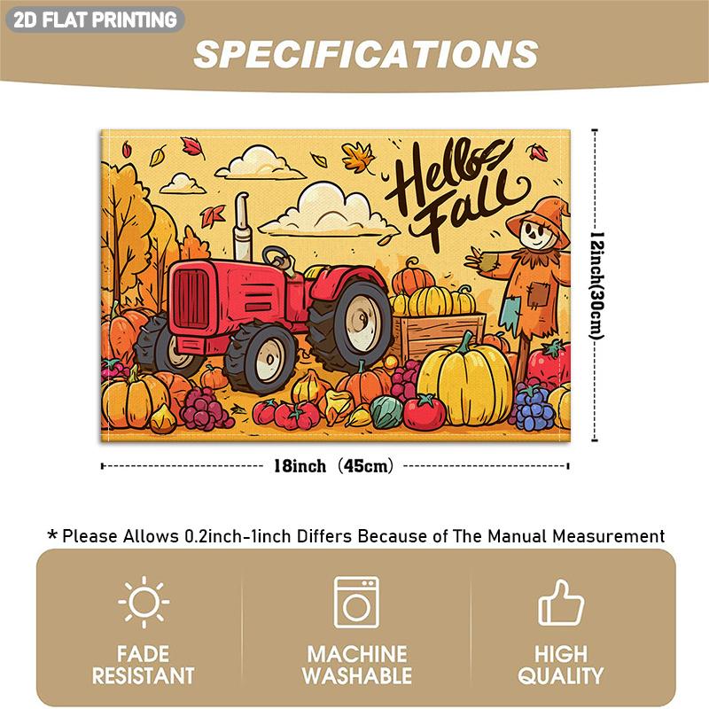 4/6pcs Set, Autumn-themed Placemats Featuring "Hello Fall" Text, Tractors, Scarecrows, Pumpkins, and Fallen Leaf Patterns. Suitable for Indoor/outdoor